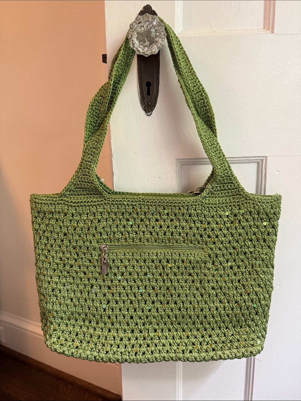 NEW The Sak Olive Green Crochet Tote with Multicolor Tassel - Picture 4 of 6
